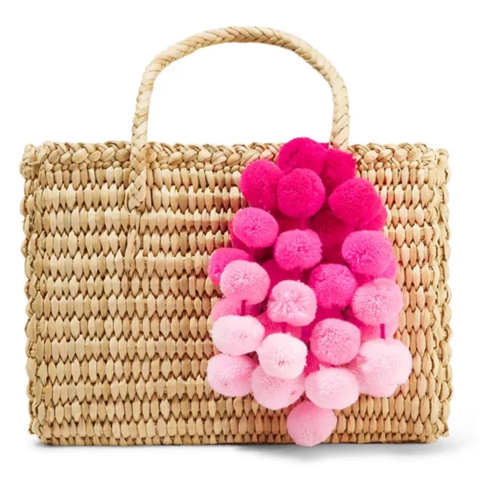 NANNACAY Maldives Baby Pompom Embellished
Woven Raffia Tote Handle Basket Bag